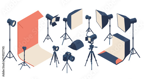 Isometric photography studio equipment set with lighting and cameras