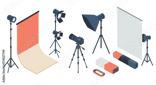 Essential photography studio equipment in modern isometric design