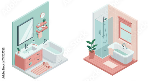 Modern bathroom interiors with isometric designs showcasing bathtubs, sinks, and showers