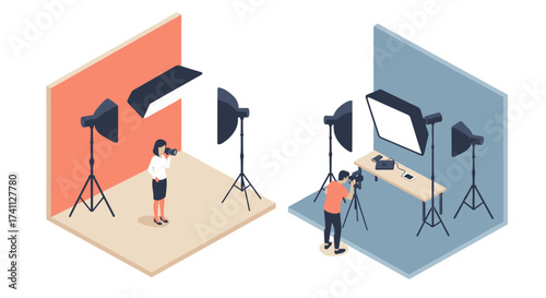 Isometric photography studio setup with photographers and equipment