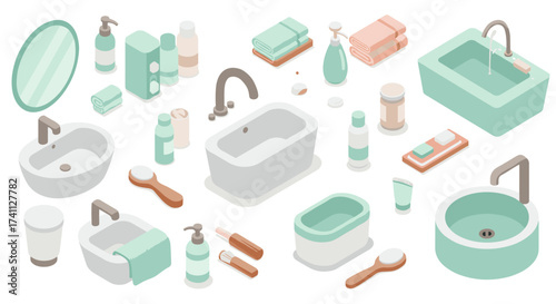 Modern isometric bathroom essentials with pastel green accents and minimalist design