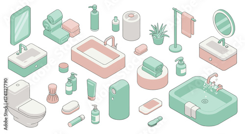 Modern isometric bathroom accessories and fixtures set in pastel colors