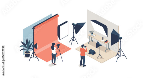 Isometric photography studio setup with photographers and equipment