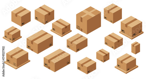 Isometric cardboard boxes collection for shipping and packaging design