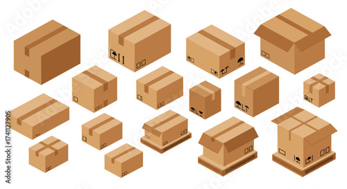 Isometric cardboard boxes set for packaging and shipping design