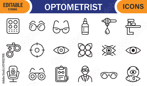 Collection of optometrist icons – medical eye test and glasses outline symbols for design.