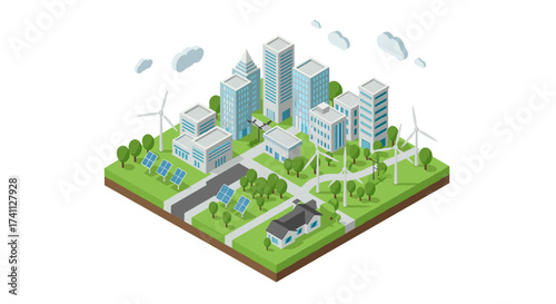 Sustainable urban landscape with mixed architecture and renewable energy elements