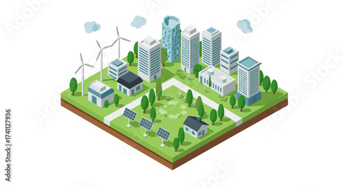 Sustainable city isometric design with green energy and urban architecture