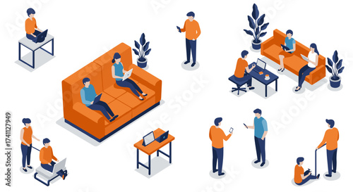 Isometric office people interacting and working with laptops and smartphones