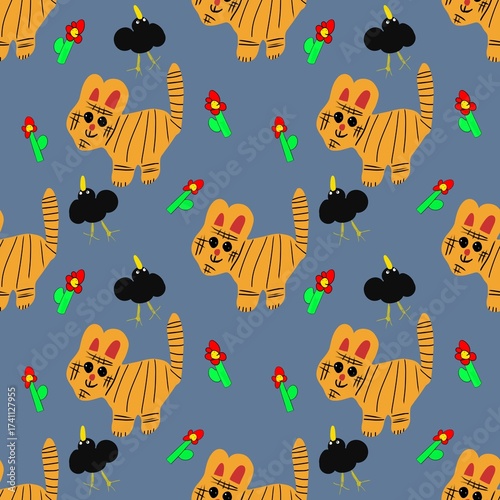 Seamless pattern in the style of a child's drawing with a cat, bird and flowers