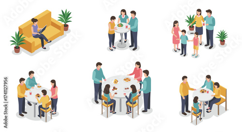 Isometric family interactions: dining, teaching, and relaxing at home