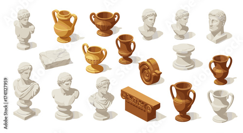 Antique greek and roman sculptures set in isometric style