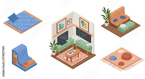Cozy isometric living room decor elements with modern furniture and indoor plants