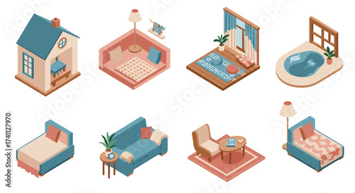 Cozy isometric home interiors featuring furniture and decor in pastel colors