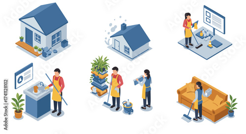 Isometric home cleaning scenes: people performing various housekeeping tasks