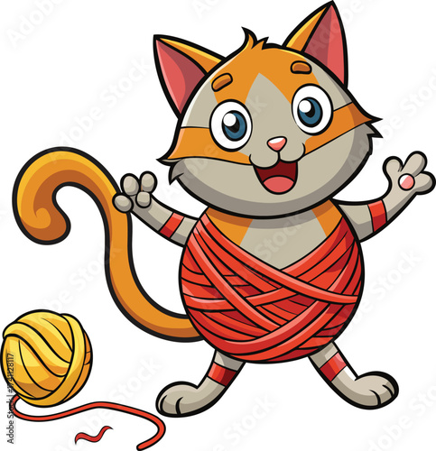 Cartoon Cat Tangled in Yarn