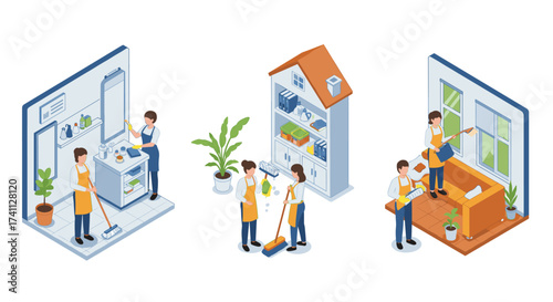 Isometric home cleaning scene with people tidying, washing, and organizing in a cozy interior