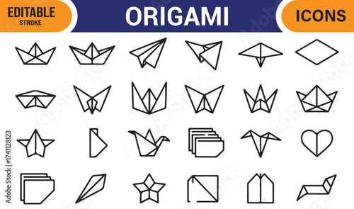 Origami design vector icons – paper art line illustrations for hobby and artistic projects.
