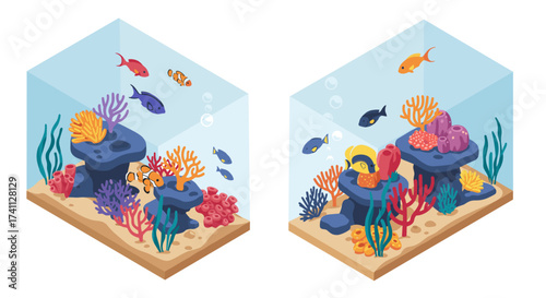 Colorful isometric aquarium scene featuring coral reefs and diverse marine life