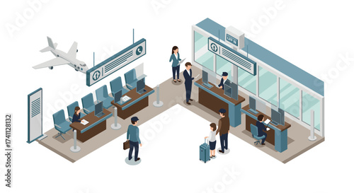 Modern airport check-in and security process in detailed isometric style