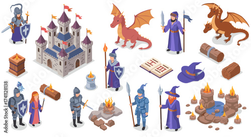 Medieval fantasy elements with knights, dragons, and castle in isometric style