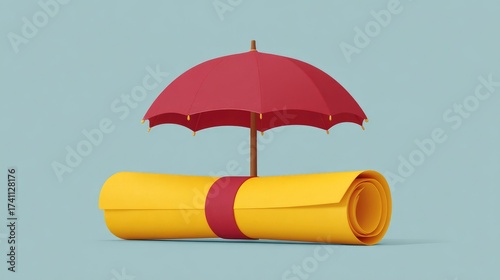 Colorful rolled parchment with red umbrella for protection against uncertainties, symbolizing education, safety, and achievement in creative design concept for stock photo usage