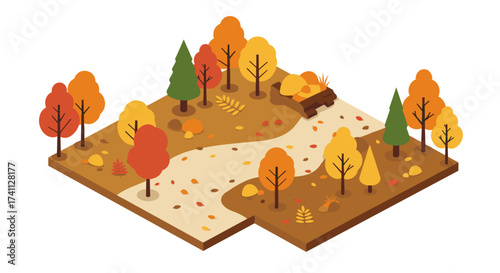 Isometric autumn forest scene with path and colorful trees in fall foliage