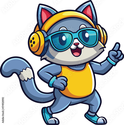 Cool Cartoon Blue Cat Wearing Headphones and Sunglasses Pointing Up