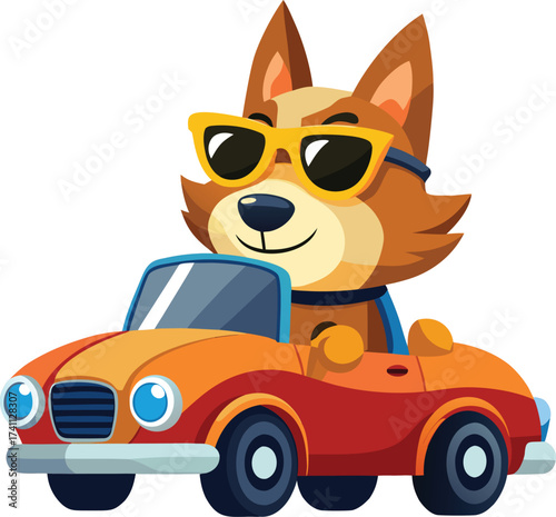 Cartoon Dog in Convertible Car