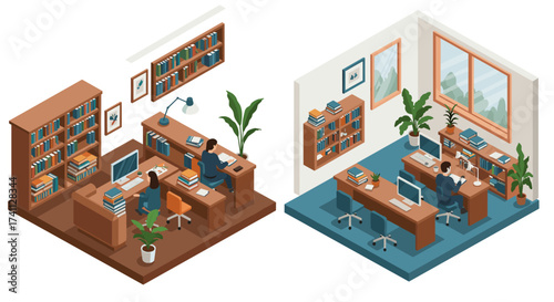 Cozy home office isometric design with plants and bookshelves