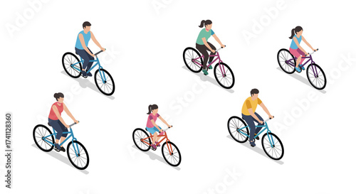 Isometric family biking together: diverse riders on healthy outdoor adventure