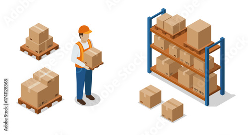 Warehouse worker organizing boxes in isometric storage setup