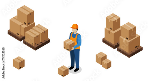 Isometric warehouse worker moving cardboard boxes for shipping and delivery
