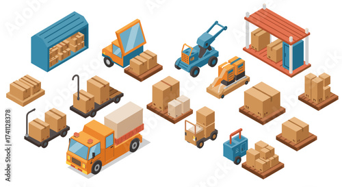 Isometric warehouse logistics with shipping trucks and cargo containers