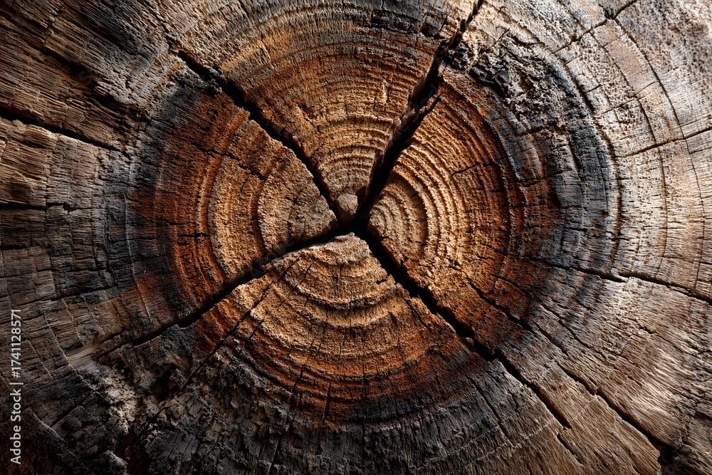 Naklejka premium Detailed macro, top-down view of a cross-section of a large tree trunk, showing the intricate pattern of growth rings, cracks, and the rough texture.
