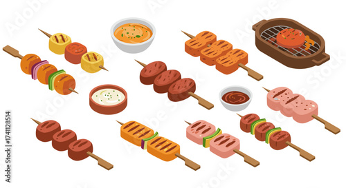 Isometric grilled skewers with dipping sauces in a variety of flavors and styles