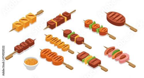 Colorful isometric skewers and satay with sauce for bbq and grilling enthusiasts
