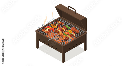Isometric barbecue grill with skewers and smoky flavor