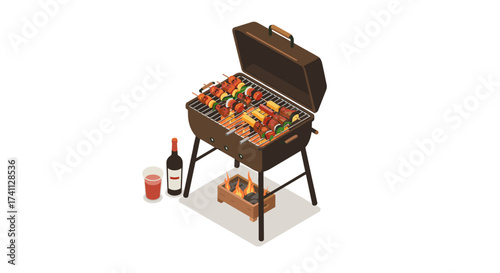 Isometric barbecue grill with skewers and wine on a white background