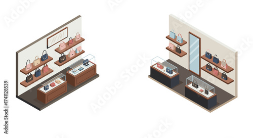 Modern isometric boutique display with handbags and accessories