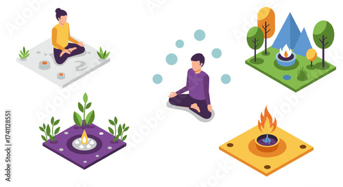 Meditation and nature elements in isometric style