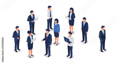 Isometric business meeting: team collaboration and communication in corporate environment