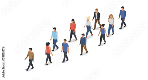 Isometric design of diverse people walking in formation on white background