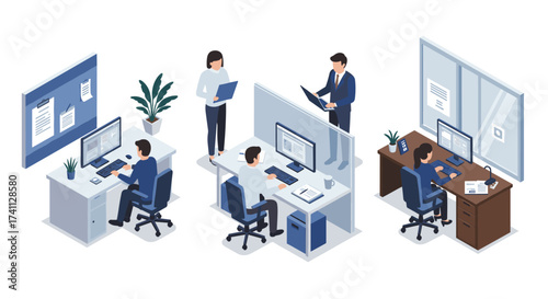 Isometric office environment with employees working at desks and computers