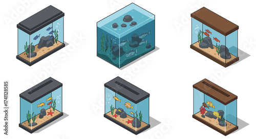 Isometric aquarium collection with colorful fish and plants