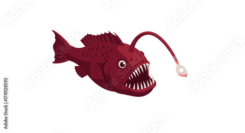 Deep sea anglerfish with bioluminescent light in flat design