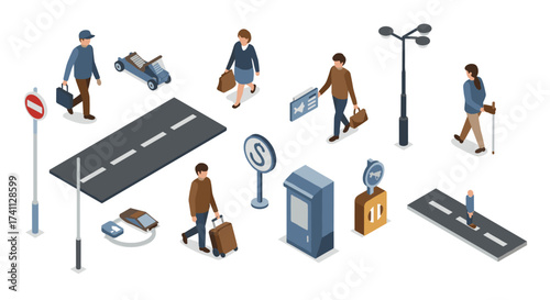 Isometric urban street elements with pedestrians and road signs