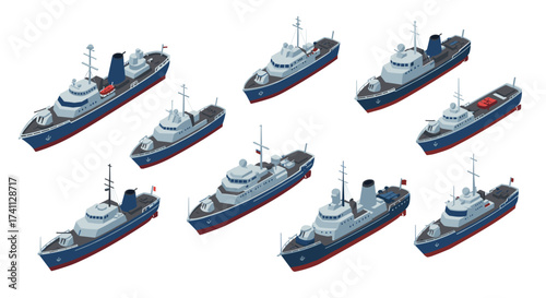 Isometric set of blue cargo ships on white background
