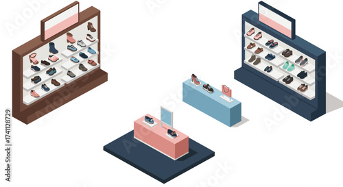 Isometric shoe store display with shelves and counters in modern retail design
