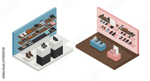 Isometric shoe store display with shelves and stylish footwear collection